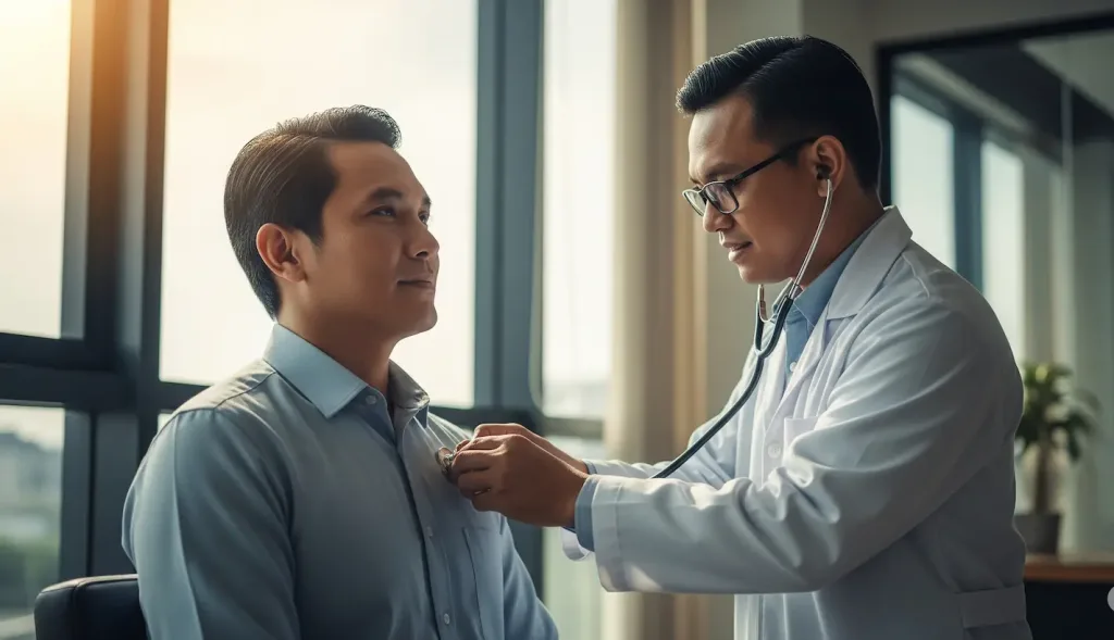 Seorang dokter sedang melakukan pemeriksaan rutin pada seorang eksekutif bisnis, melambangkan peran preventif dari retainer lawyer.