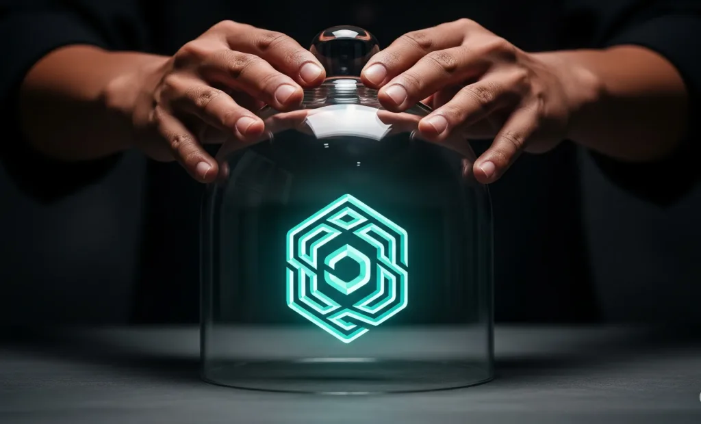 Tangan seorang konsultan HKI sedang dengan hati-hati meletakkan kubah pelindung di atas sebuah logo brand yang bersinar.