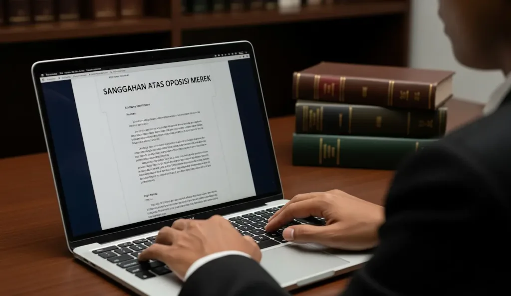 Seorang pengacara HKI sedang menyusun dokumen sanggahan atau argumen hukum untuk melindungi merek kliennya.