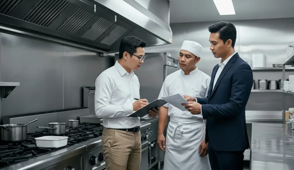 Seorang konsultan legalitas F&B sedang mendampingi pemilik restoran saat proses inspeksi laik sehat oleh petugas dinas kesehatan.