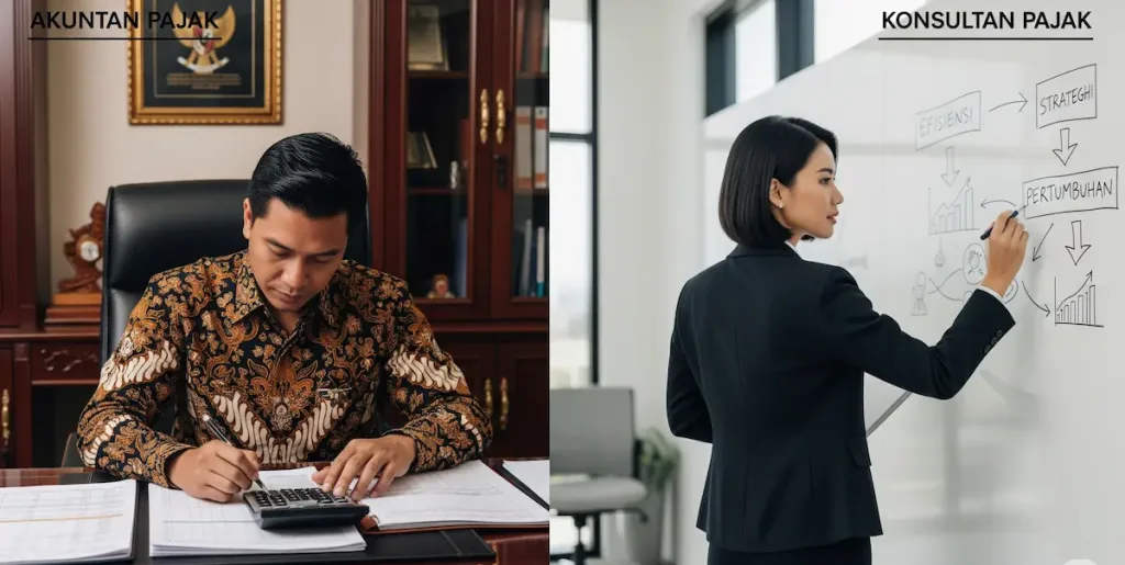 Gambar perbandingan yang menunjukkan seorang akuntan pajak yang fokus pada perhitungan dan seorang konsultan pajak yang fokus pada strategi.