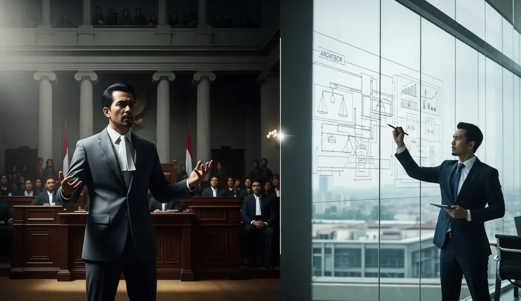 Perbandingan visual antara peran Pengacara (Advokat) di ruang sidang dan Konsultan Hukum di ruang rapat.