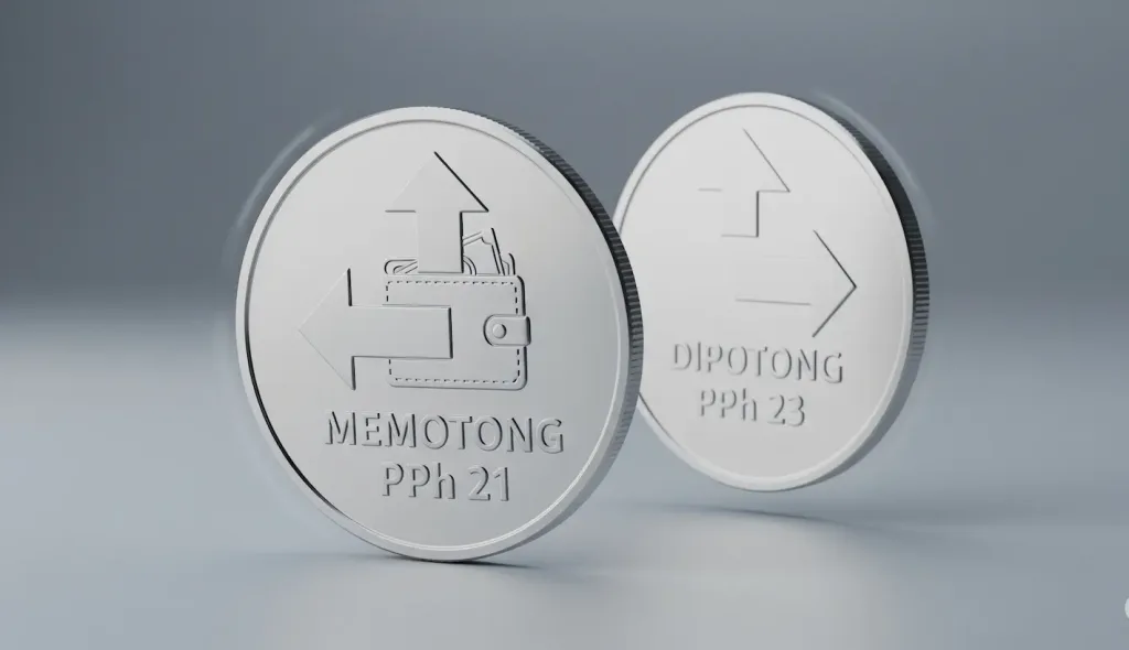 Sebuah koin dengan dua sisi, satu sisi menunjukkan panah keluar (Memotong PPh 21) dan sisi lain panah masuk (Dipotong PPh 23).