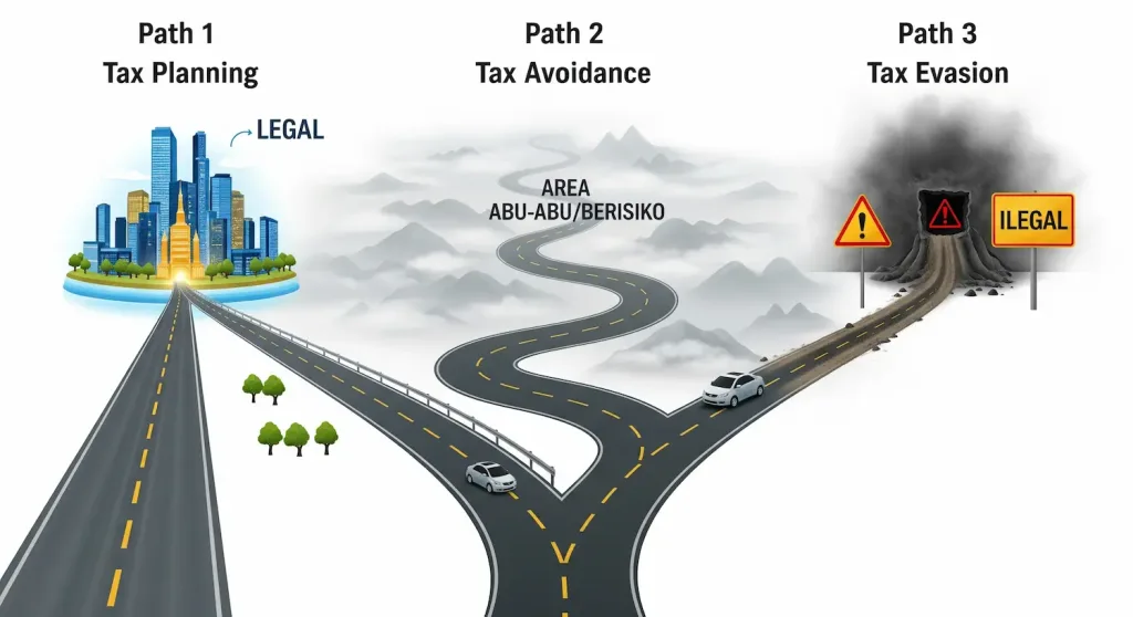 Perbedaan fundamental antara Tax Planning yang legal, Tax Avoidance yang berisiko, dan Tax Evasion yang ilegal.