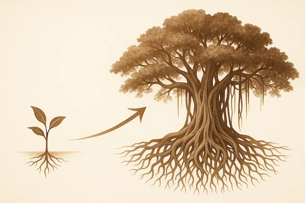 Ilustrasi pertumbuhan bisnis dari kecil menjadi besar, menggambarkan peningkatan kompleksitas pajak.