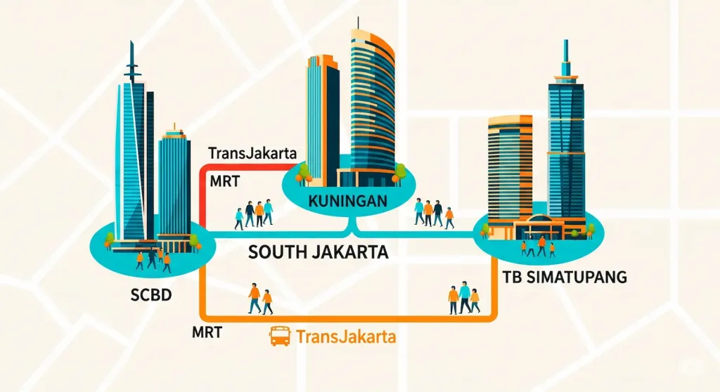 Peta yang menunjukkan kemudahan akses talenta ke pusat-pusat bisnis utama di Jakarta Selatan melalui transportasi publik.
