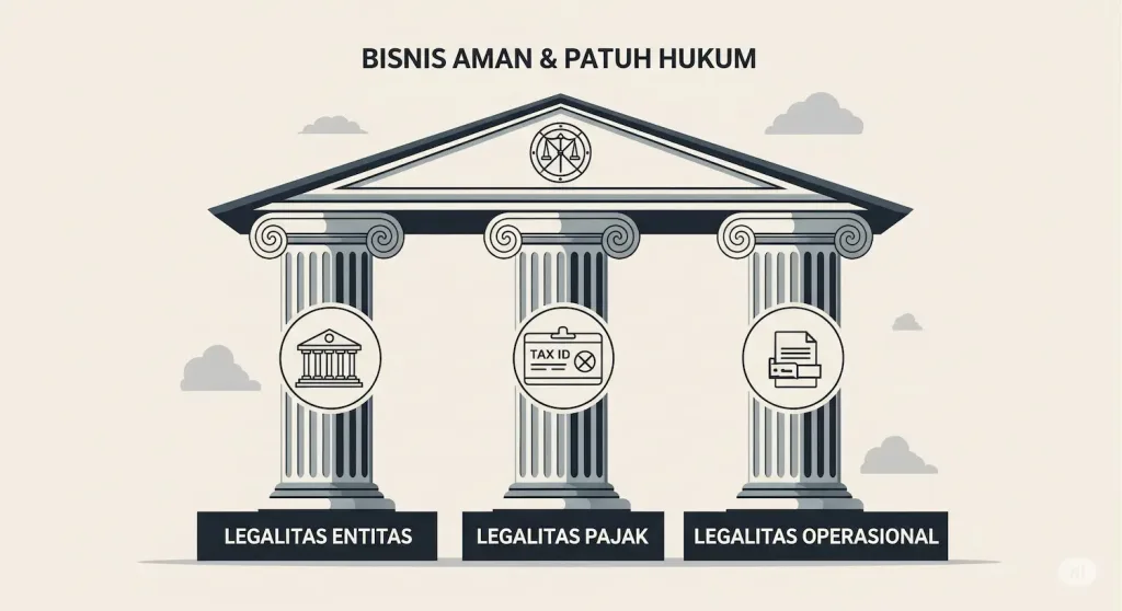 Infografis yang menampilkan tiga pilar utama legalitas usaha: entitas, pajak, dan operasional.