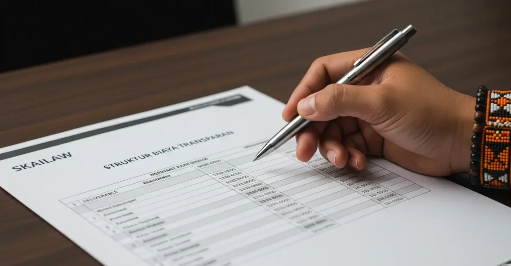 Seorang klien bisnis sedang me-review proposal harga jasa hukum dari Skailaw yang tampak jelas dan transparan.