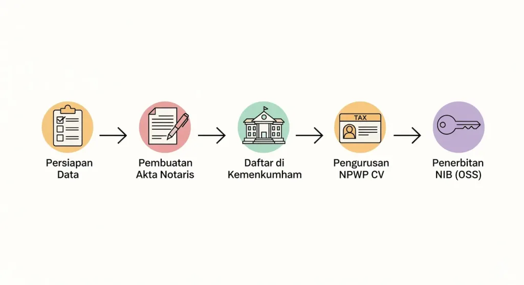 Infografis yang menjelaskan alur proses jasa pembuatan CV, mulai dari penyerahan data hingga NIB terbit.