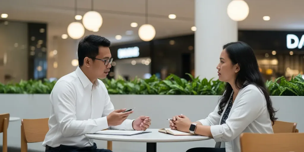 Seorang konsultan pajak Skailaw sedang bertemu dengan kliennya di sebuah business lounge modern di Jakarta Barat.
