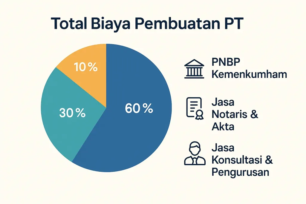 Infografis yang merinci komponen biaya pembuatan PT di tahun 2025, termasuk biaya notaris, PNBP, dan jasa konsultan.