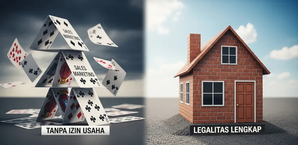 Sebuah rumah kartu yang melambangkan bisnis tanpa izin usaha akan runtuh, kontras dengan rumah bata yang kokoh melambangkan bisnis yang legal.