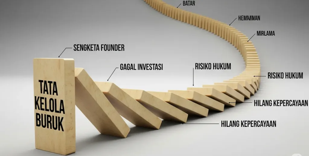 Rangkaian kartu domino yang mulai tumbang, diawali dari kartu bertuliskan "Tata Kelola Buruk".