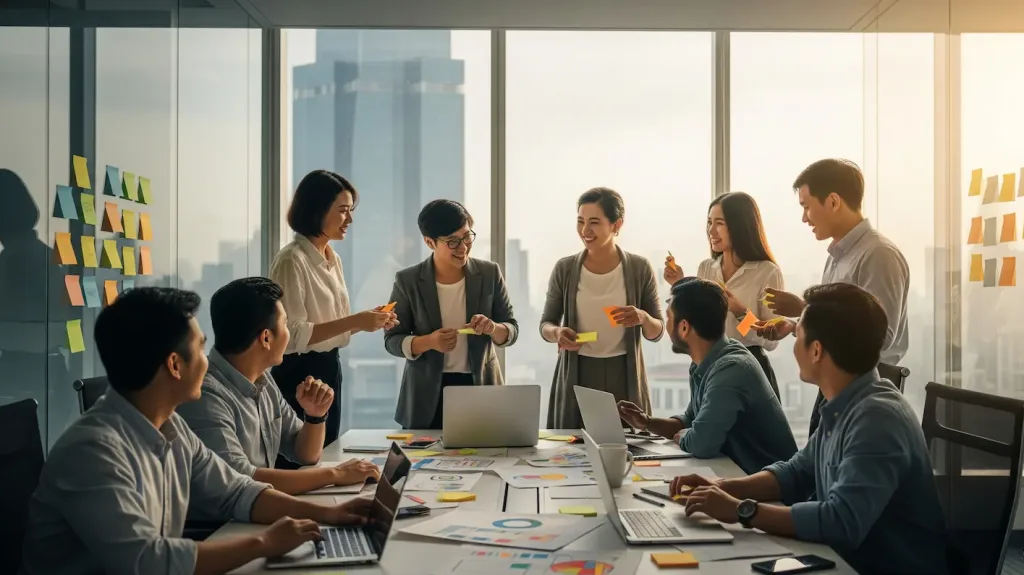 Sebuah tim agensi kreatif sedang berkolaborasi di ruang kerja kreatif yang modern di Jakarta Selatan.