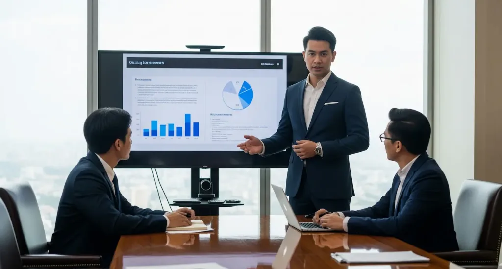 Seorang konsultan menggunakan fasilitas meeting room di serviced office untuk presentasi klien penting.