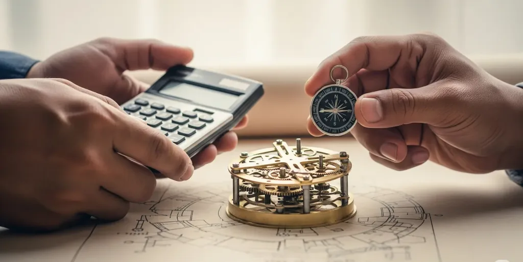 Dua tangan profesional, satu memegang kalkulator dan satu lagi kompas, bekerja sama menyusun sebuah mekanisme presisi.