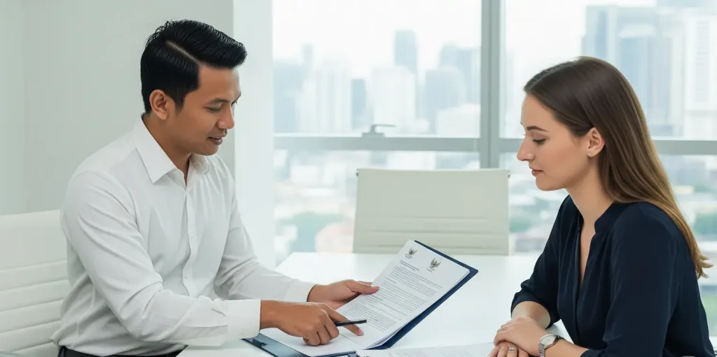 A professional team from Skailaw, a legal services provider in Jakarta, assisting a foreign client with their company registration documents.