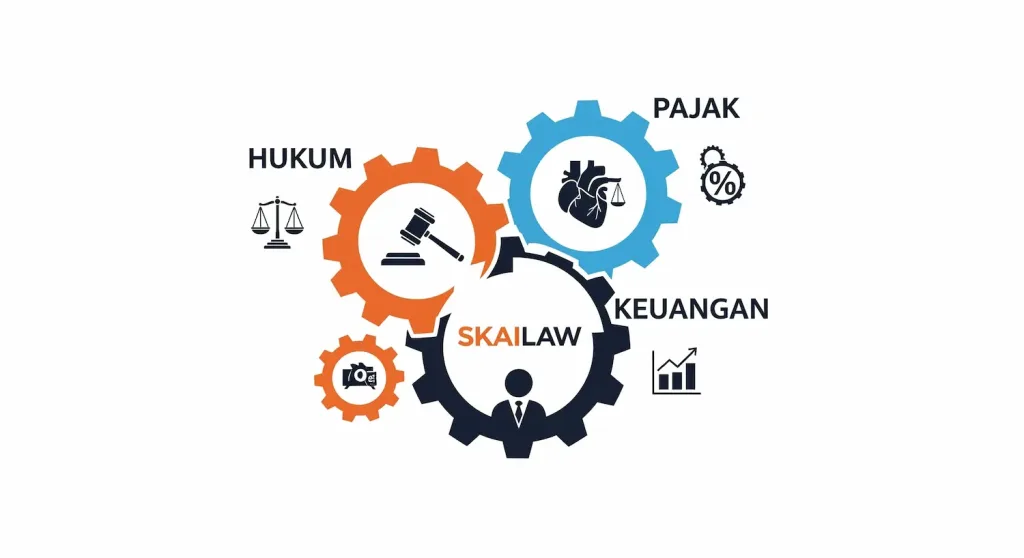 Infografis yang menunjukkan pendekatan terintegrasi dari Skailaw yang menggabungkan layanan hukum, pajak, dan keuangan.