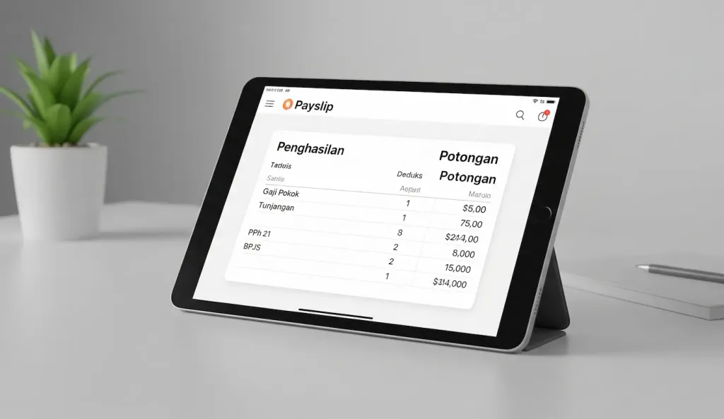 Slip gaji digital yang profesional dan jelas di layar tablet, menunjukkan hasil kerja dari jasa payroll outsourcing.