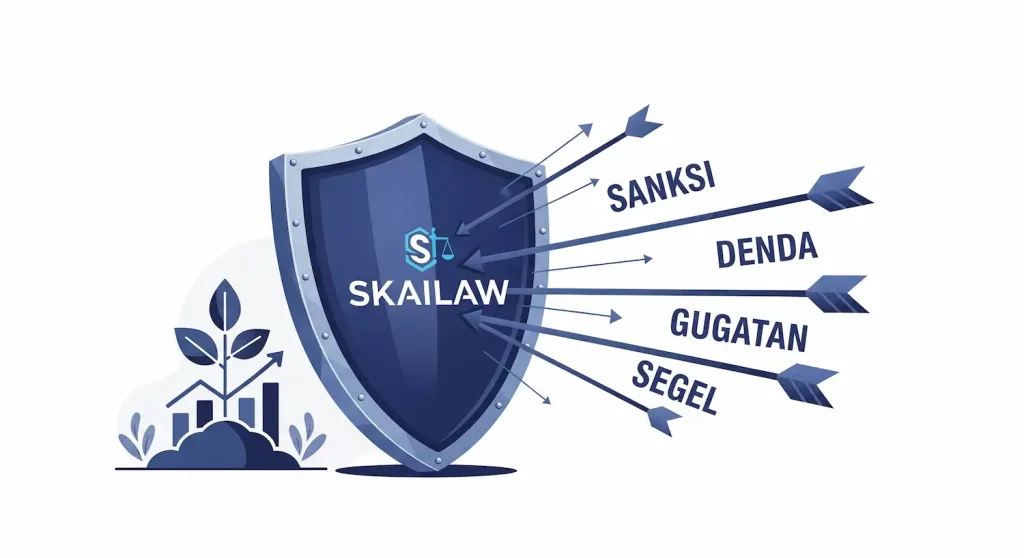 A powerful and clean symbolic illustration. In the center, there is a large, modern, and sturdy shield with the Skailaw logo emblazoned on it. The shield is actively deflecting multiple incoming arrows. Each arrow is labeled with a different legal risk in Indonesian: "SANKSI", "DENDA", "GUGATAN", "SEGEL". The shield is protecting a small but growing business icon behind it. The image clearly communicates the role of Skailaw as a protector against legal risks.