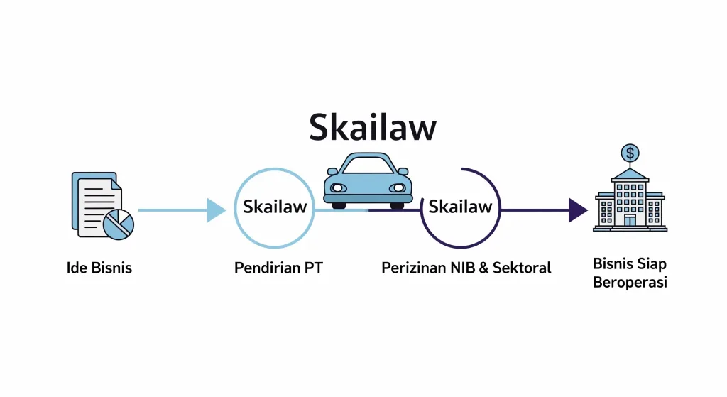Infografis yang menunjukkan Skailaw sebagai solusi satu pintu untuk semua kebutuhan legalitas usaha, dari pendirian PT hingga perizinan.