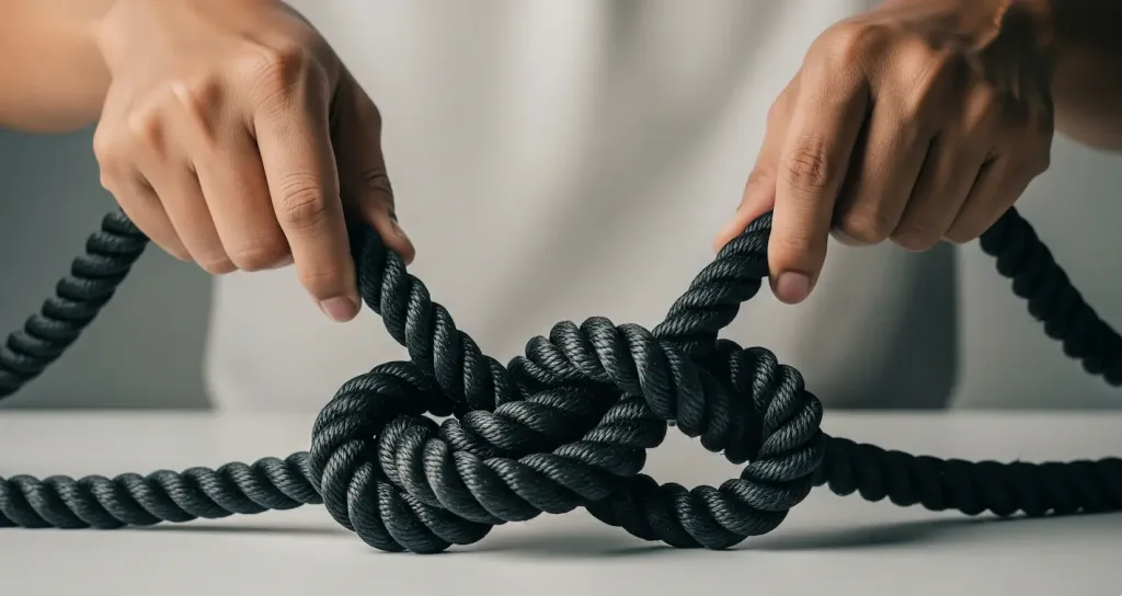 Tangan seorang konsultan hukum sedang dengan ahli mengurai benang yang kusut, melambangkan solusi untuk sengketa bisnis.