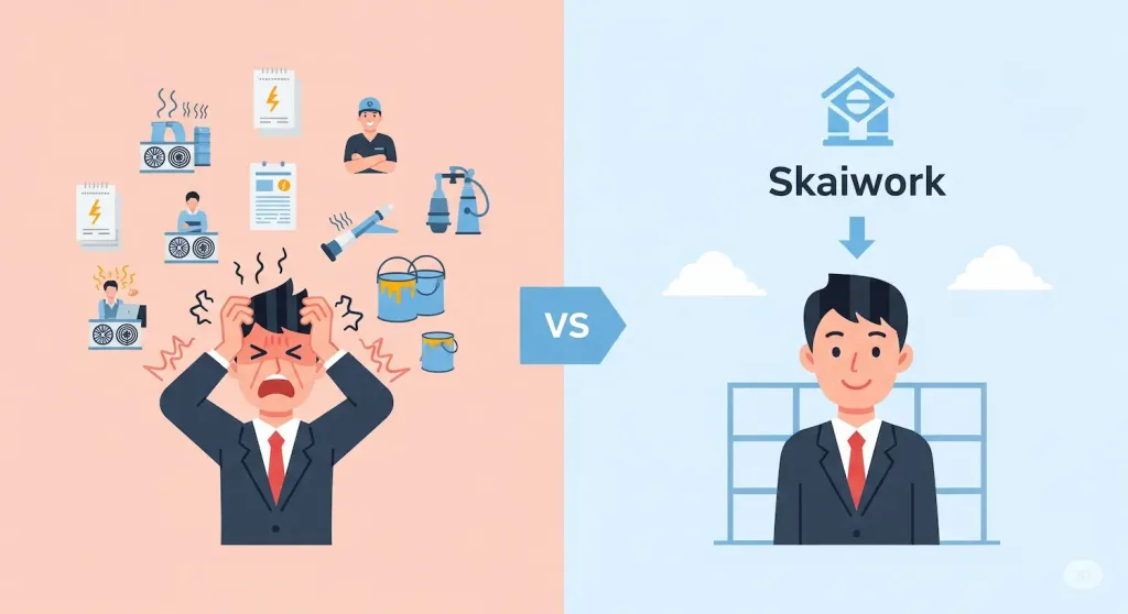 Perbandingan antara kerumitan mengelola kantor konvensional dengan kesederhanaan solusi dari Skaiwork.