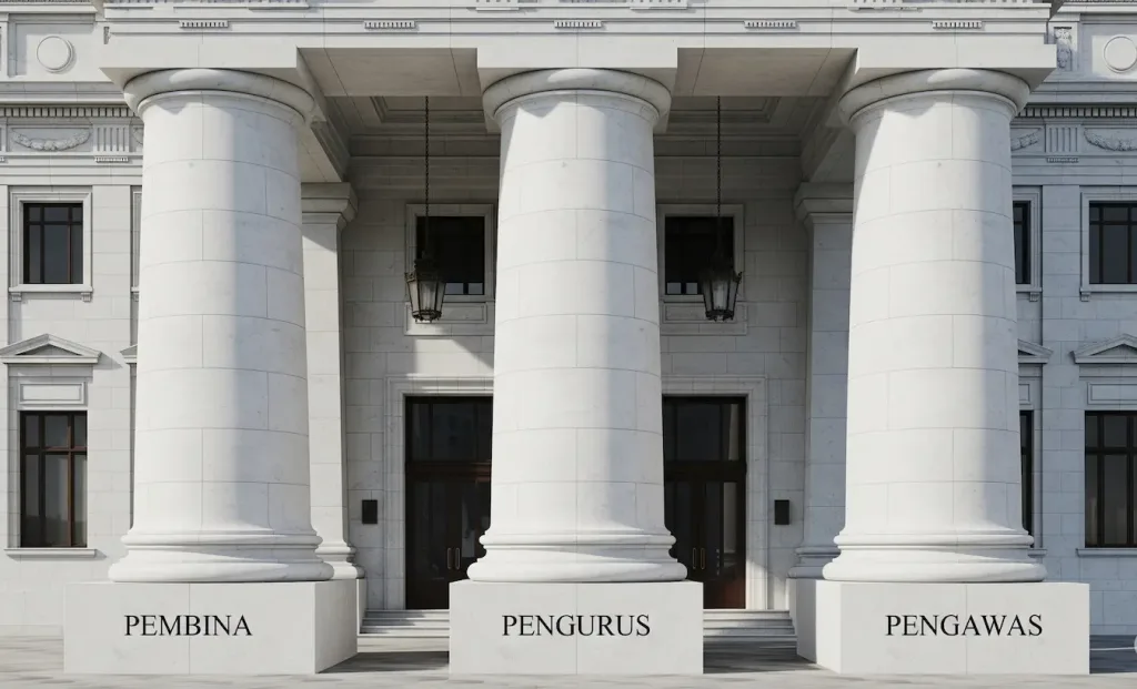 Tiga pilar kokoh berlabel Pembina, Pengurus, dan Pengawas, menopang atap sebuah bangunan yang melambangkan Yayasan.