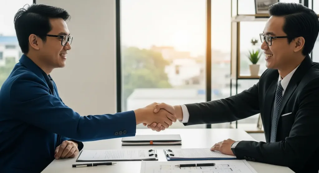 Dua orang profesional berhasil mencapai kesepakatan setelah melakukan negosiasi harga sewa kantor.