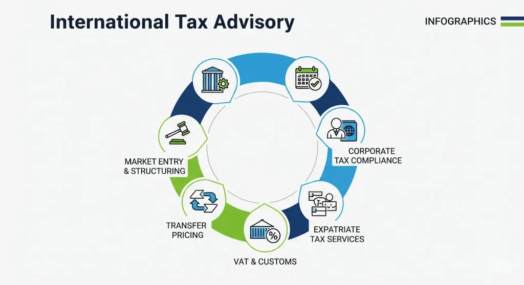 An infographic flowchart showing the key services provided by a tax advisor in Indonesia, from market entry to compliance and dispute resolution.