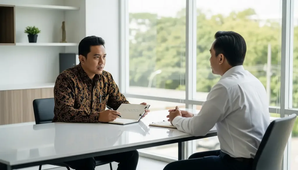 Seorang pemilik bisnis sedang melakukan wawancara atau konsultasi dengan seorang konsultan pajak, menunjukkan proses seleksi yang cermat.