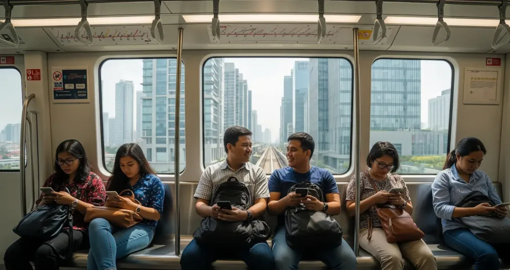 Suasana komuter yang nyaman menggunakan transportasi umum modern menuju kawasan perkantoran di Jakarta.