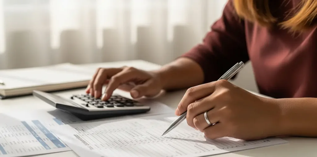 Tangan seorang akuntan pajak sedang dengan teliti melakukan perhitungan di atas lembar kerja rekonsiliasi fiskal.