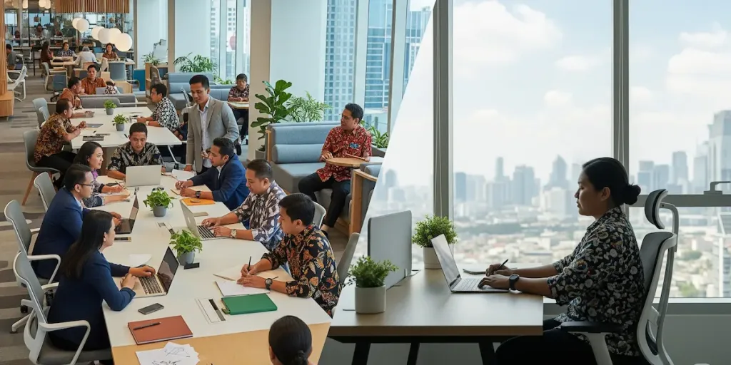 Perbandingan visual antara coworking space yang ramai dan serviced office yang privat di Jakarta.
