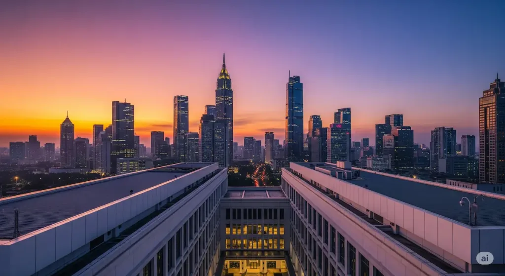 Pemandangan gedung-gedung perkantoran ikonik di Jakarta Pusat saat matahari terbenam.