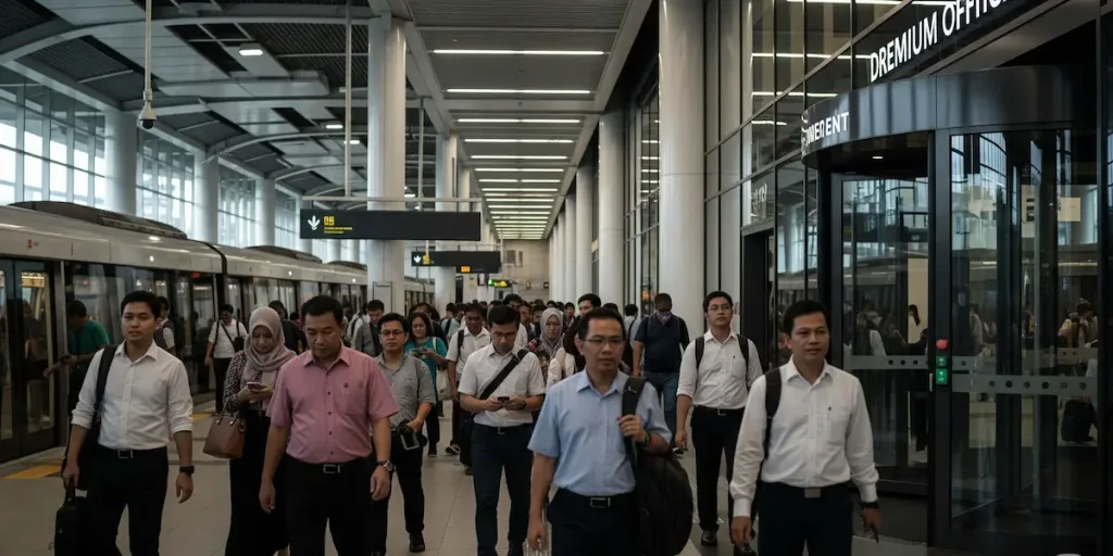 Pemandangan stasiun MRT Jakarta yang modern dan sibuk pada jam sibuk, dengan sekelompok komuter pribumi Indonesia asli sedang berjalan cepat menuju pintu masuk gedung perkantoran mewah yang terhubung langsung, menunjukkan efisiensi transportasi perkotaan.