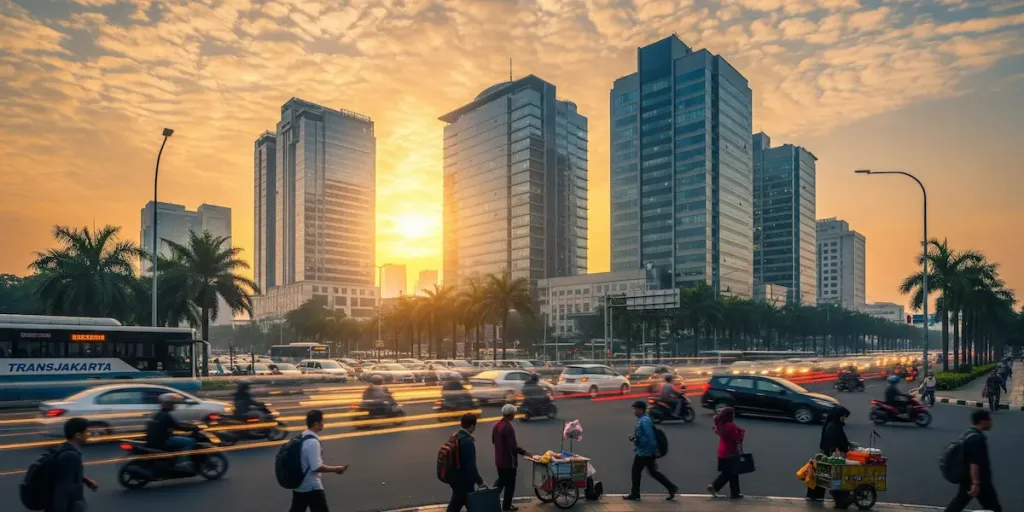 Pemandangan gedung perkantoran modern di Jakarta Selatan saat matahari terbit, dengan warna langit keemasan dan jalanan yang mulai ramai. Suasana kota yang energik dan penuh potensi.