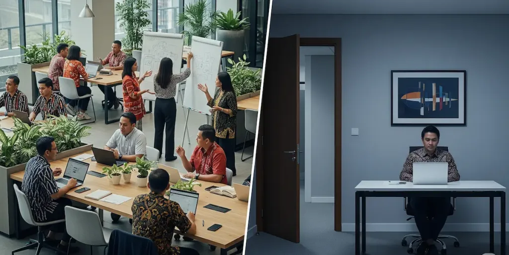 Ilustrasi perbedaan antara private office yang privat dan coworking space yang terbuka.