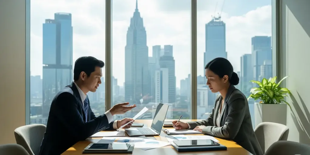 Dua profesional bisnis pribumi Indonesia asli, seorang pria dan seorang wanita, sedang melakukan pertemuan yang serius di sebuah ruang rapat modern dengan pemandangan kota Jakarta dari jendela, menunjukkan fokus dan kolaborasi dalam lingkungan kerja yang profesional di SCBD.