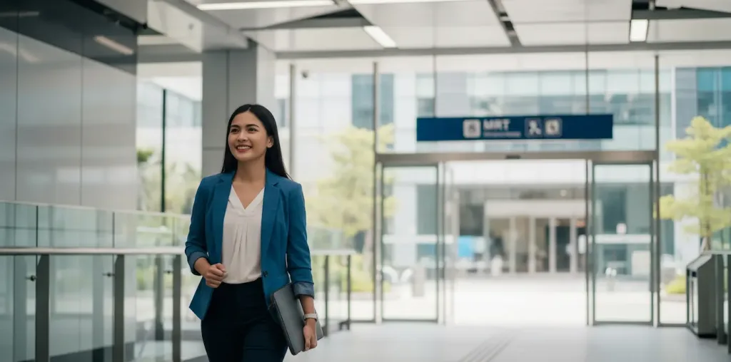 Seorang wanita profesional pribumi Indonesia asli tersenyum ceria saat keluar dari stasiun MRT yang modern, menuju gedung perkantoran di Jakarta yang terhubung langsung, menunjukkan kenyamanan dan efisiensi perjalanan kerja bebas macet.