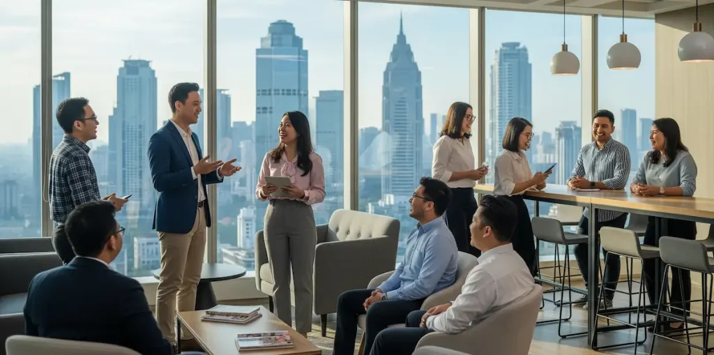 Sekelompok 8-10 profesional pribumi Indonesia asli, pria dan wanita, sedang berinteraksi dan berjejaring di area lounge modern di sebuah kantor di SCBD. Mereka terlihat santai namun tetap profesional, dengan latar belakang pemandangan kota Jakarta dari jendela, menunjukkan suasana kolaboratif dan peluang networking.