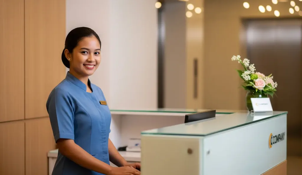 Resepsionis profesional di serviced office Jakarta Pusat siap melayani tamu.