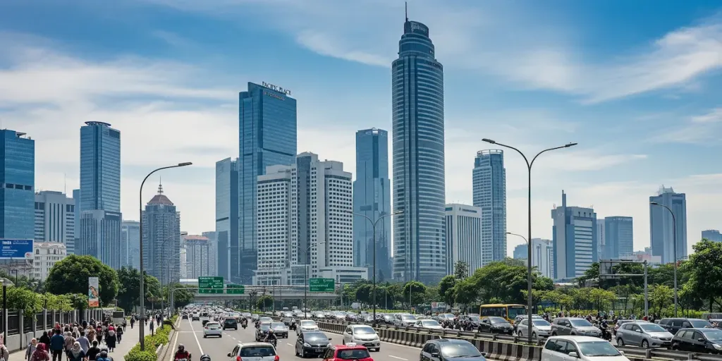 Pemandangan kota Jakarta yang modern dengan gedung-gedung pencakar langit ikonik di kawasan Sudirman Central Business District (SCBD) pada siang hari yang cerah. Sebuah jalan raya yang sibuk terlihat di bagian bawah, menunjukkan aktivitas kota yang dinamis.
