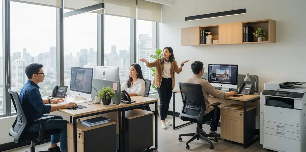 Sebuah kantor pribadi yang rapi dan modern di Skaiwork SCBD untuk 3-4 orang pribumi Indonesia asli, dengan pencahayaan alami dan pemandangan kota di luar jendela. Ruangan ini dilengkapi dengan meja kerja ergonomis dan peralatan esensial, menciptakan lingkungan yang kondusif untuk startup.