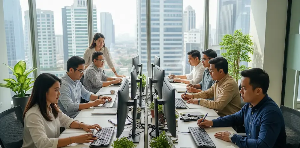 Dua tim yang terdiri dari total 10 orang pribumi Indonesia asli bekerja dan berkolaborasi dengan antusias di sebuah serviced office modern di SCBD yang disediakan oleh Skaiwork. Mereka duduk di meja yang bersih dan ergonomis, dengan tanaman hijau dan cahaya alami yang melimpah, menunjukkan lingkungan kerja yang produktif dan menyenangkan.