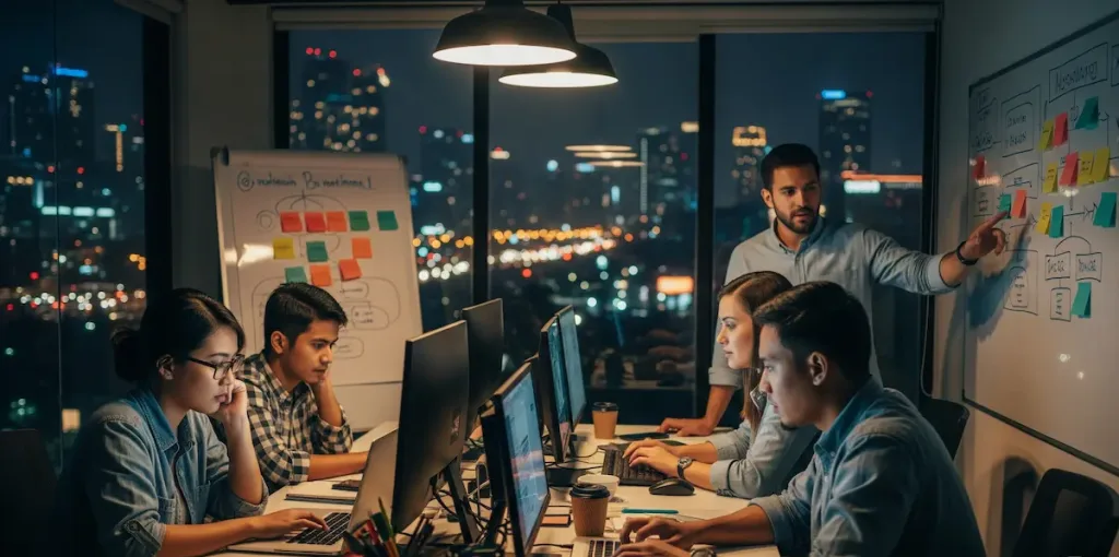 Sebuah tim startup yang terdiri dari 4-5 orang pribumi Indonesia asli bekerja dengan fokus di kantor kecil mereka di Jakarta Selatan pada malam hari, dengan lampu-lampu kota yang indah terlihat dari jendela, menunjukkan dedikasi dan inovasi.