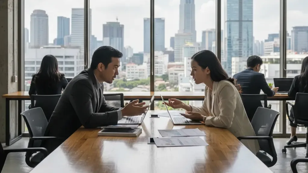 Diskusi strategi pajak antara direktur dan manajer keuangan perusahaan.