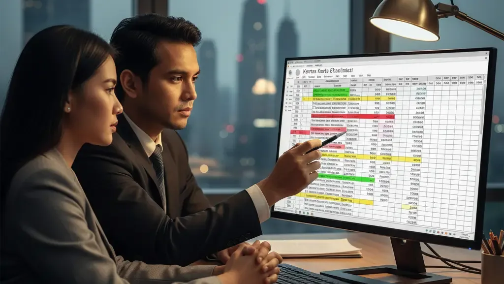 Konsultan pajak dan klien membahas kertas kerja ekualisasi pajak di excel.