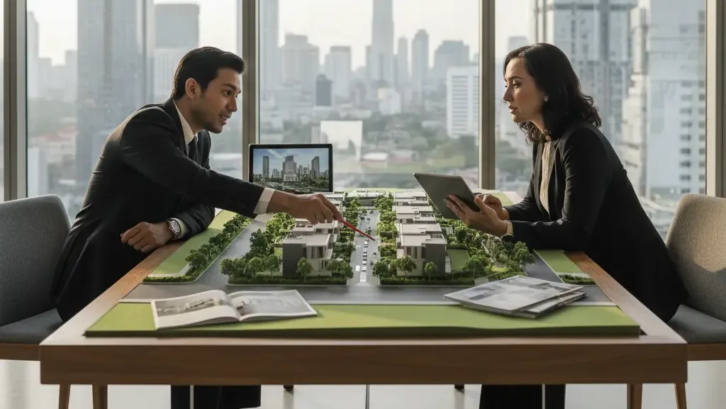Pengembang properti Jakarta sedang meninjau maket proyek real estate dan menghitung pajak.