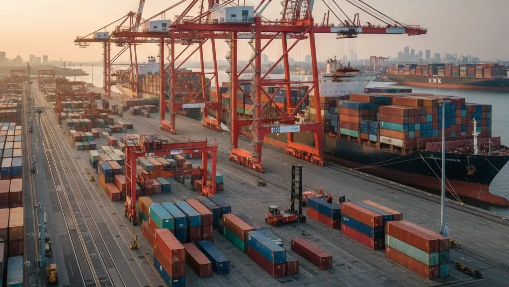 Aktivitas ekspor impor dan perhitungan pajak bea masuk di pelabuhan Jakarta.